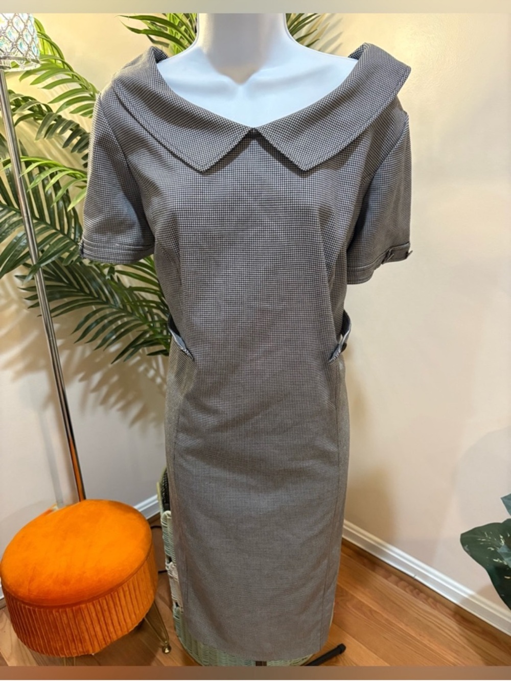 Tahari Houndstooth Shift Dress with Peter Pan Collar